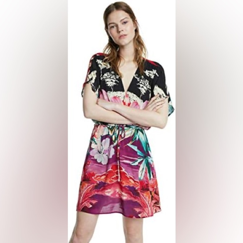 DESIGUAL KALAWAO Oriental Floral Kimono Dress Batwing Sleeves EU 36 Lightweight